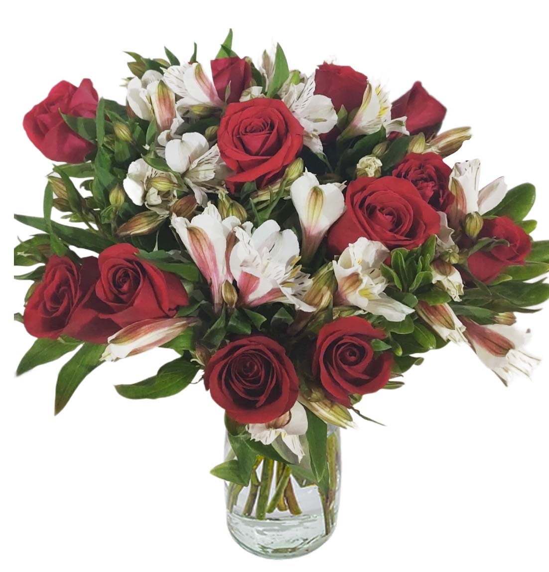 caja blanca con 36 rosas rojas con moño