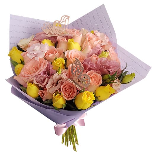ramo con rosas rosadas y amarillas Florería en Veracruz y Boca del Río: ¡Envío a domicilio! Encuentra las mejores flores y arreglos florales para cualquier ocasión