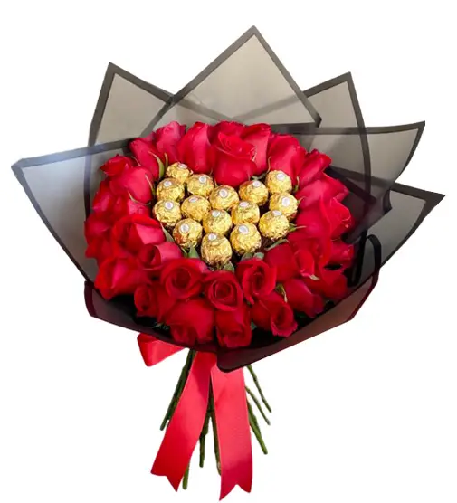 ramo con 50 rosas rojas y chocolates ferrero 