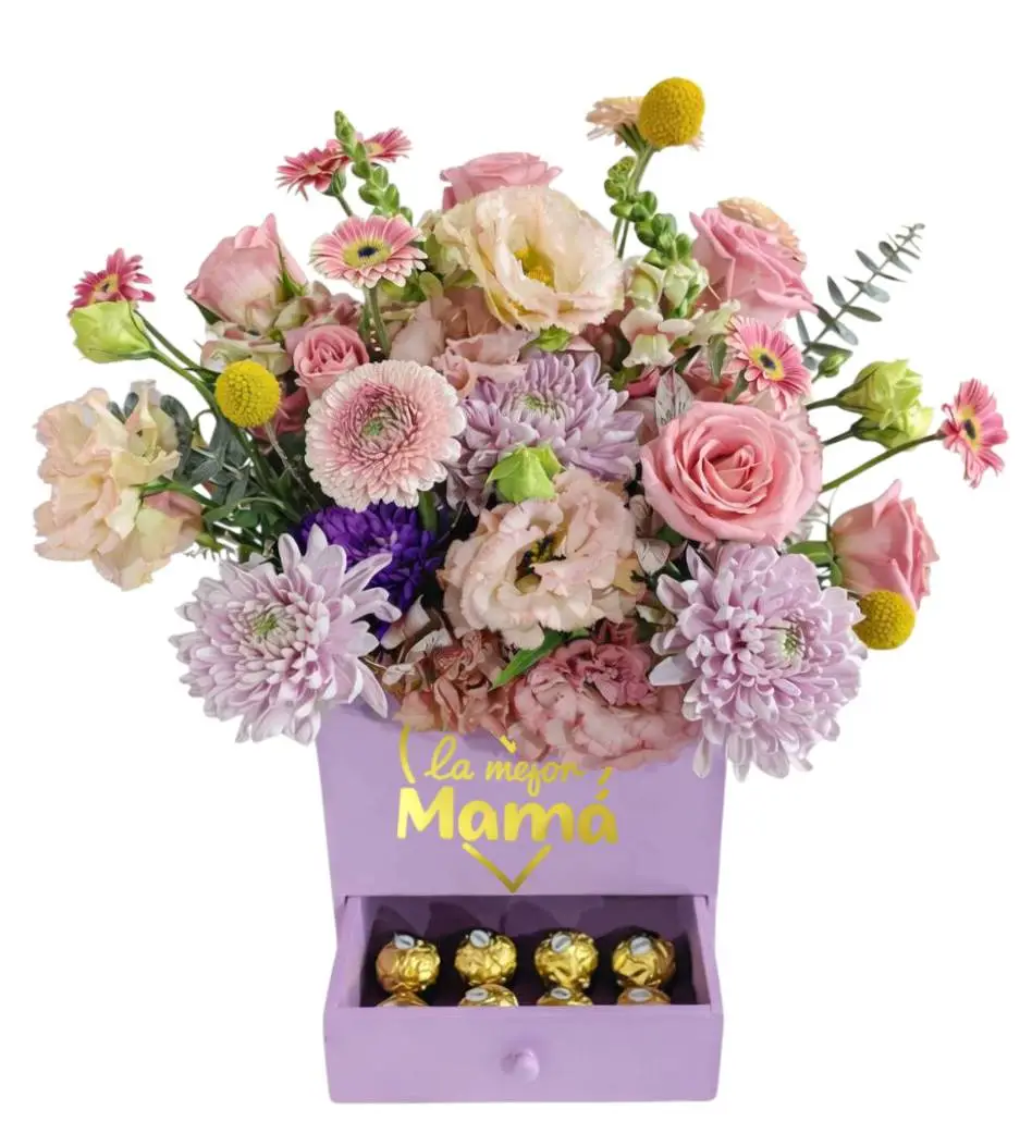 cajonera con 25 rosas y 16 chocolates