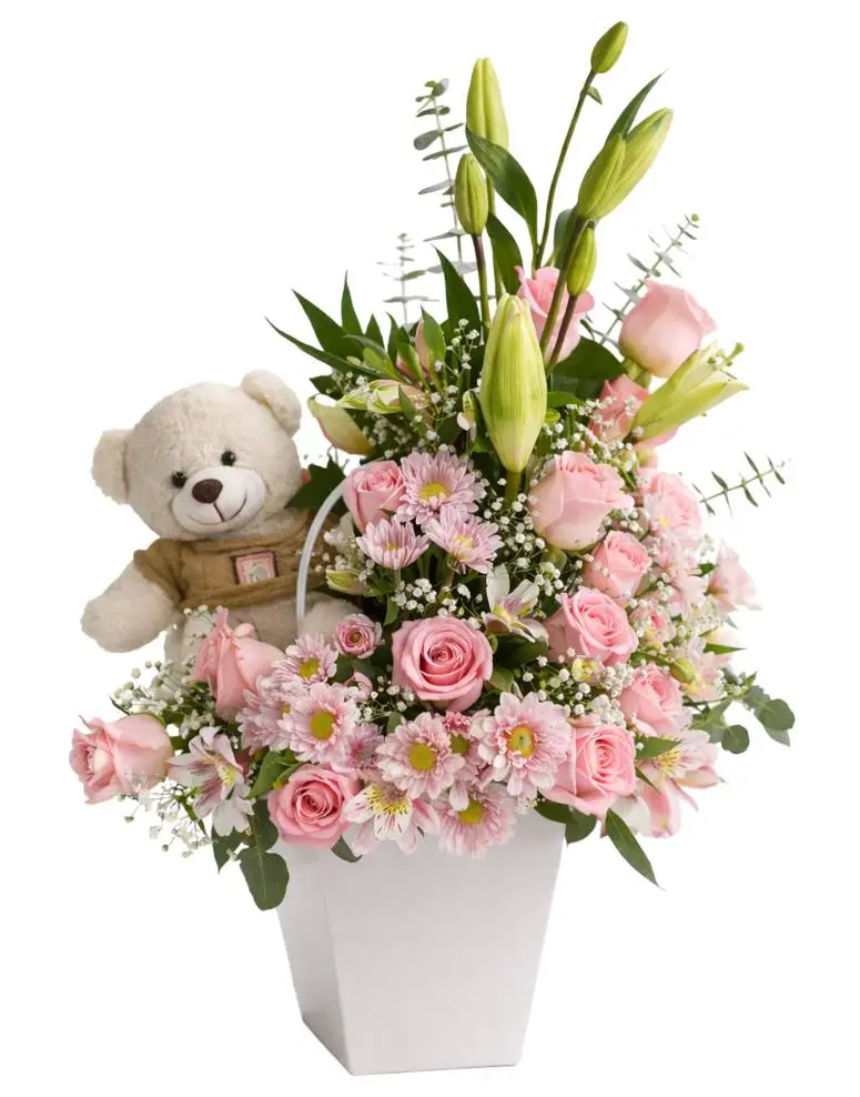 arreglo con 15 rosas rosadas,margaritas,alstroemerias,lirios y peluche 25 cm