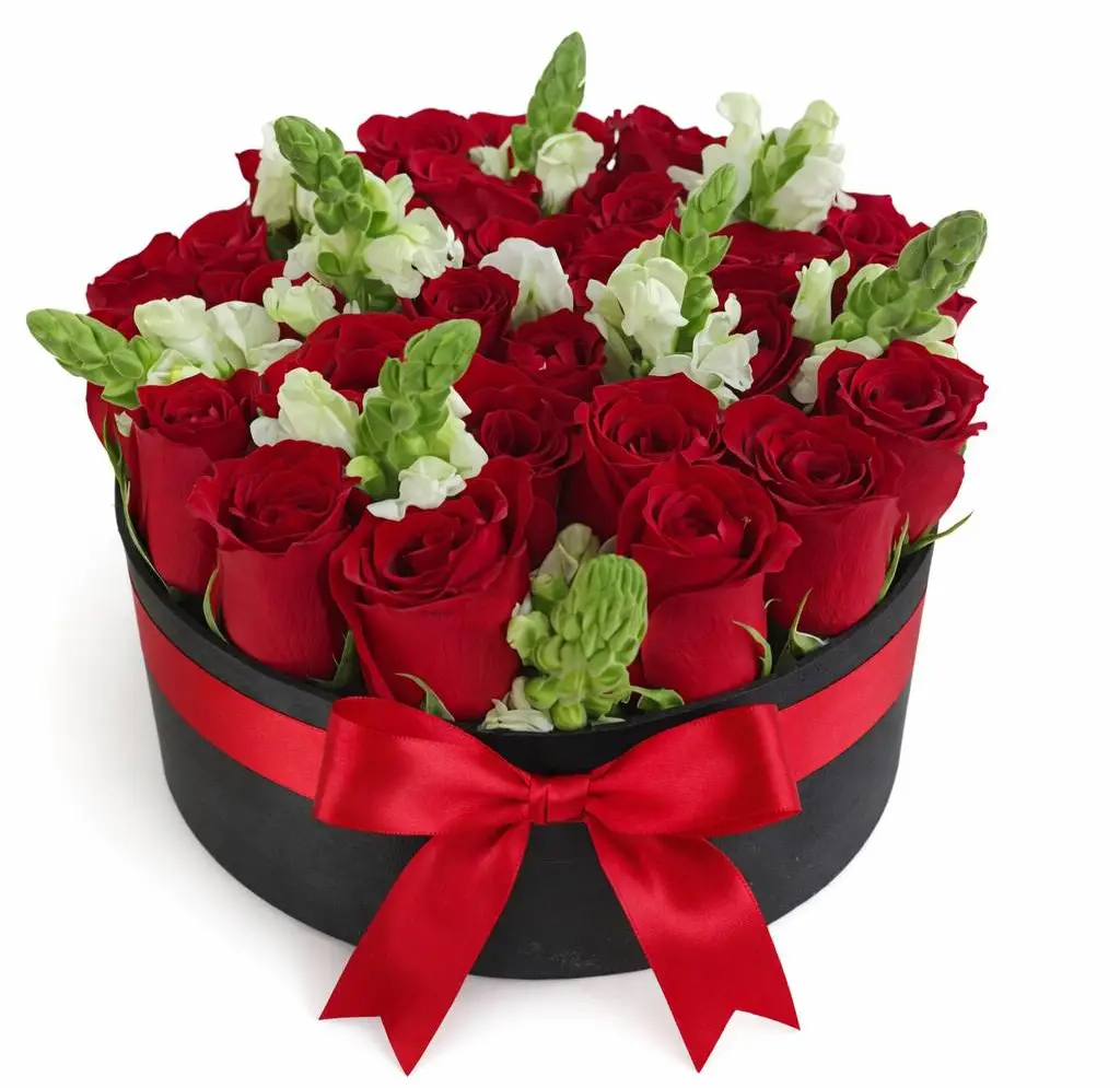 caja con 32 rosas rojas y snapdragon