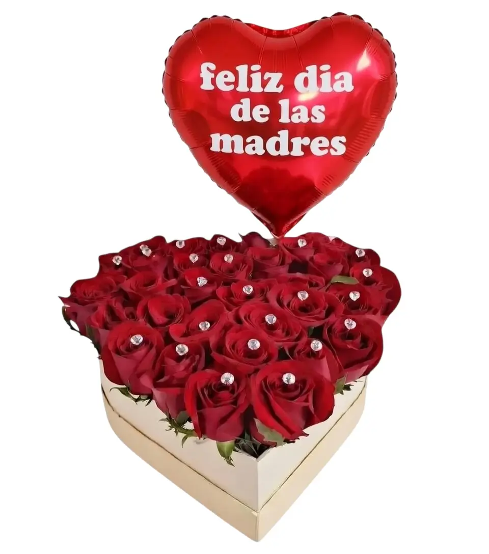 corazon con 25 rosas rojas y globos 