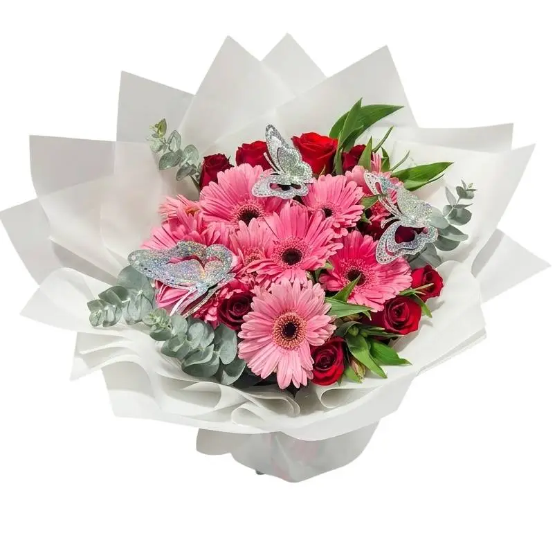 ramo con 24 rosas rojas y 10 gerberas rosadas