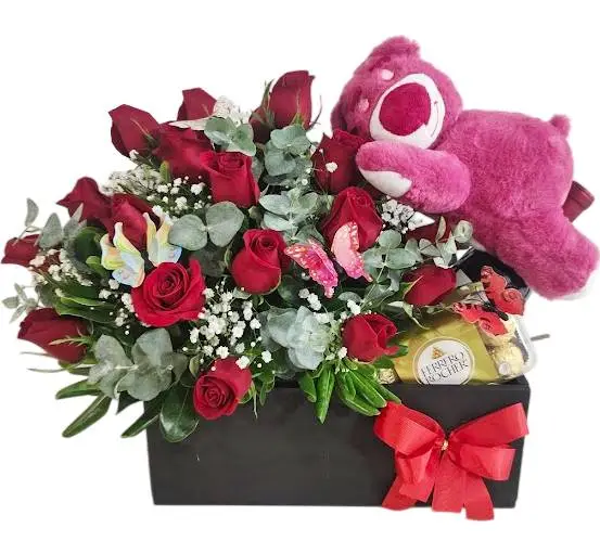 caja con 20 rosas,chocolates y peluche