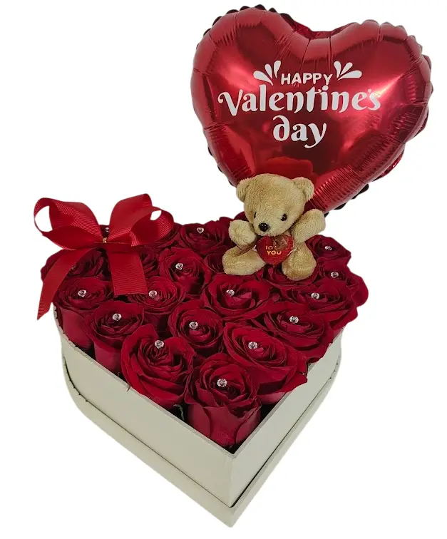 corazon con 25 rosas,peluche y globo