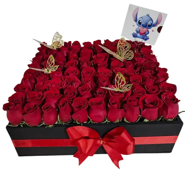 caja con 90 rosas rojas
