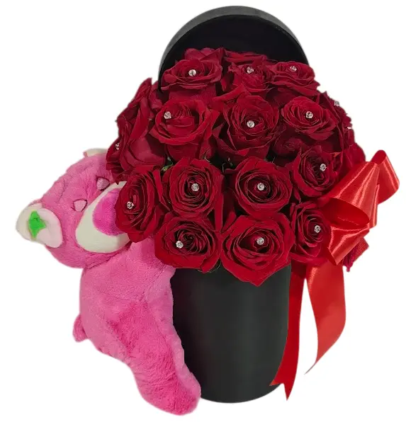 arreglo con 35 rosas roja y peluche de 27 cm.