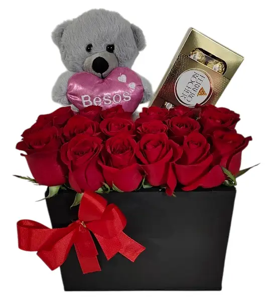 caja con 18 rosas,osito de peluche y caja con 18 chocolates ferrero